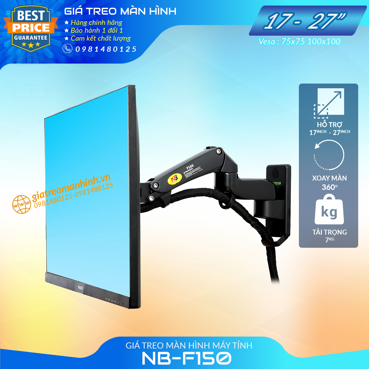 Giá Treo Màn Hình NB-F150 Tương Thích Màn 17 - 27 Inch / Lắp Đặt Treo Tường Tùy Chỉnh Đa Năng - Xoay Màn 360 Độ
