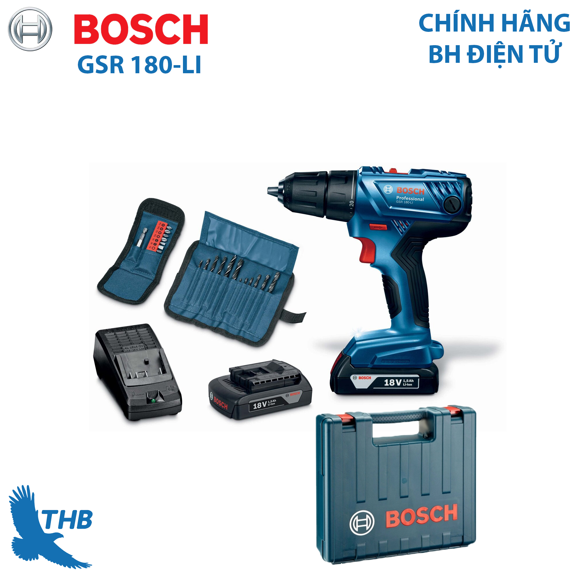 Máy khoan bắt vít dùng pin Bosch GSR 180-LI kèm phụ kiện