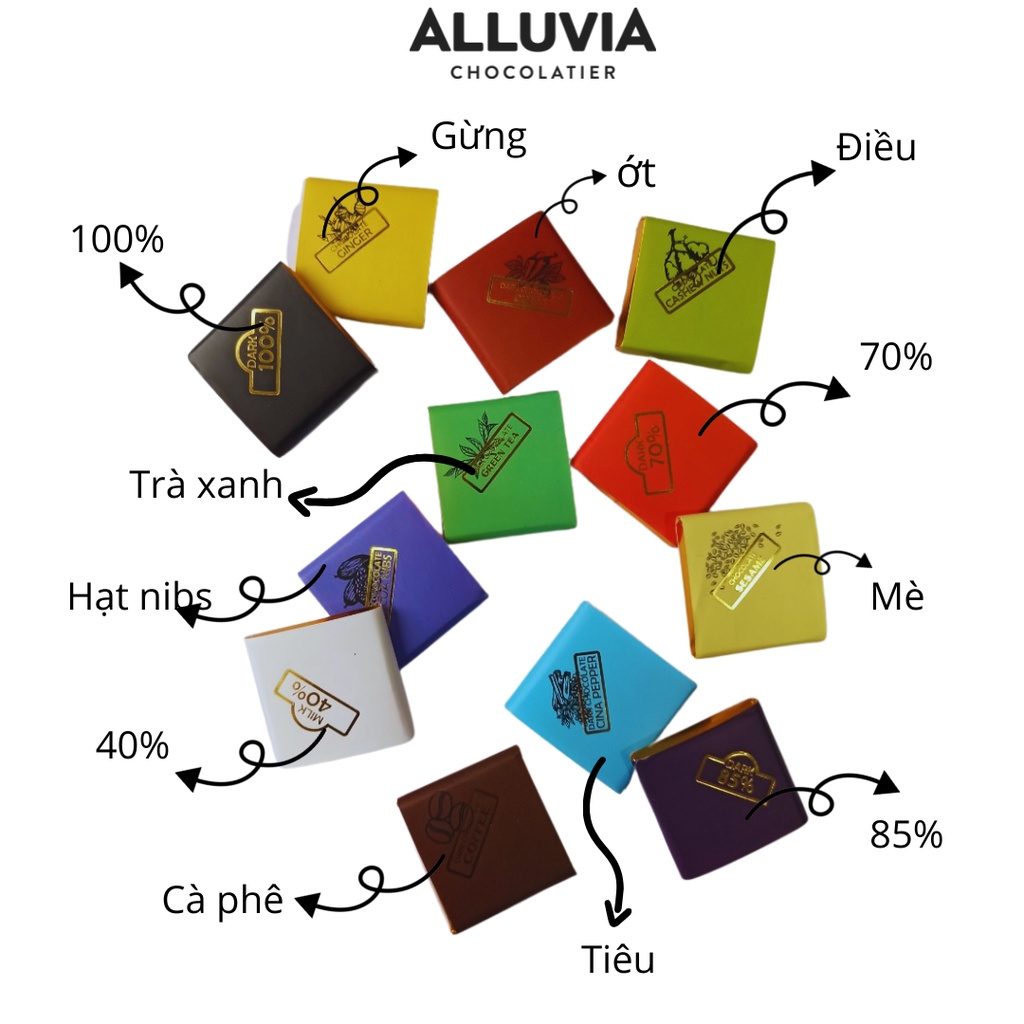 Combo 5 viên nhỏ socola đen nguyên chất và socola sữa Alluvia Chocolate