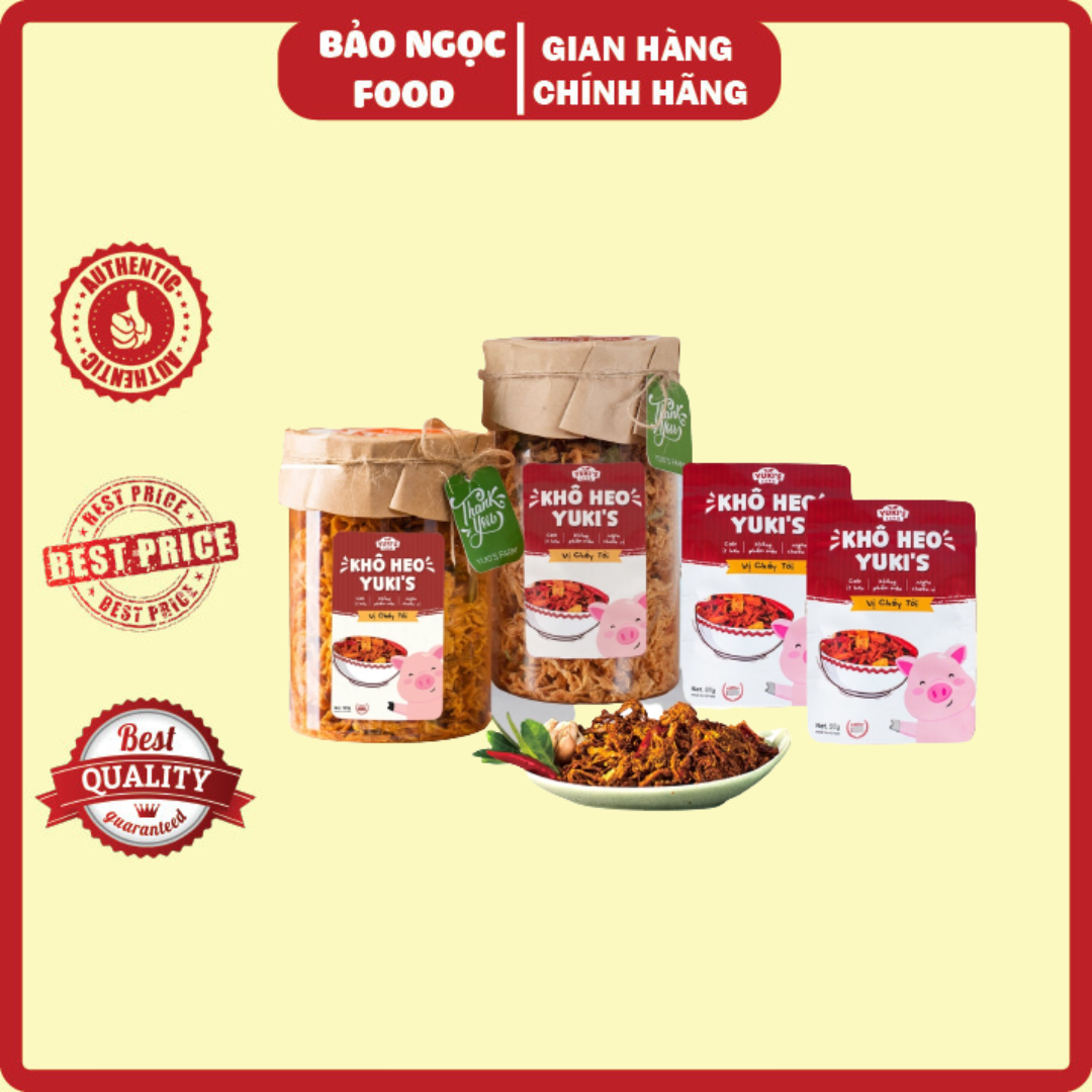 Khô heo cháy tỏi yuki farm , đồ ăn vặt cay thịt heo khô vị tỏi thơm từng sợi vàng thơm, cay ngọt đậm vị
