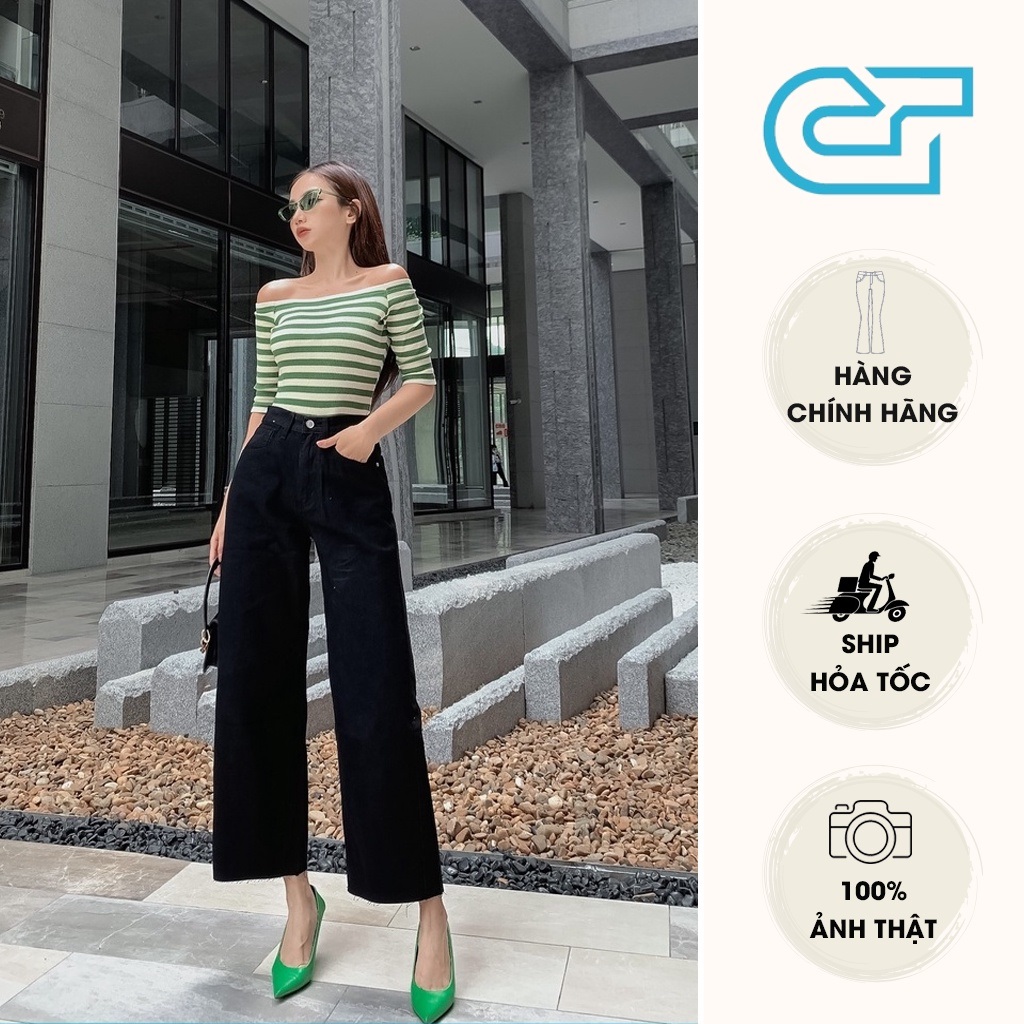 Quần jean nữ ống rộng cạp cao co giãn nhẹ gấu tự do CT JEANS