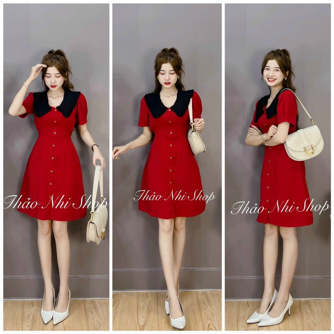Đầm phối cổ bèo cột nơ eo cài nút thật kiểu dáng trẻ trung xinh xắn
