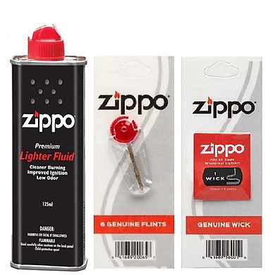Combo 3 món ( xăng, bấc tim, đá ) Zippo 125ml, chuyên dụng cho tất cả các loại bật lửa xăng đá ( có tem 7 mầu chống giả )