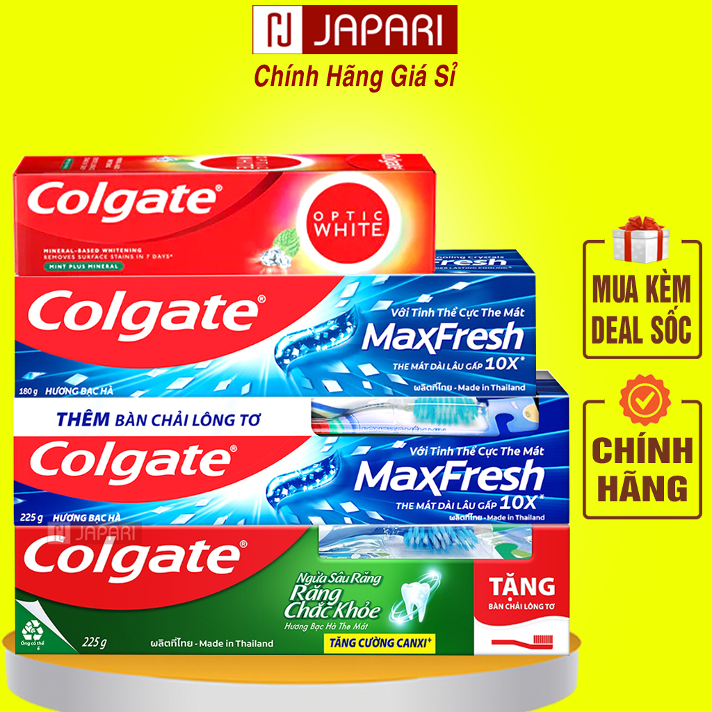 Kem đánh răng cogate optic white, maxfresh, ngừa sâu răng chính hãng kèm bàn chài - kem đánh răng tẩy ố vàng, ngăn ngừa hôi miệng, trắng răng japari
