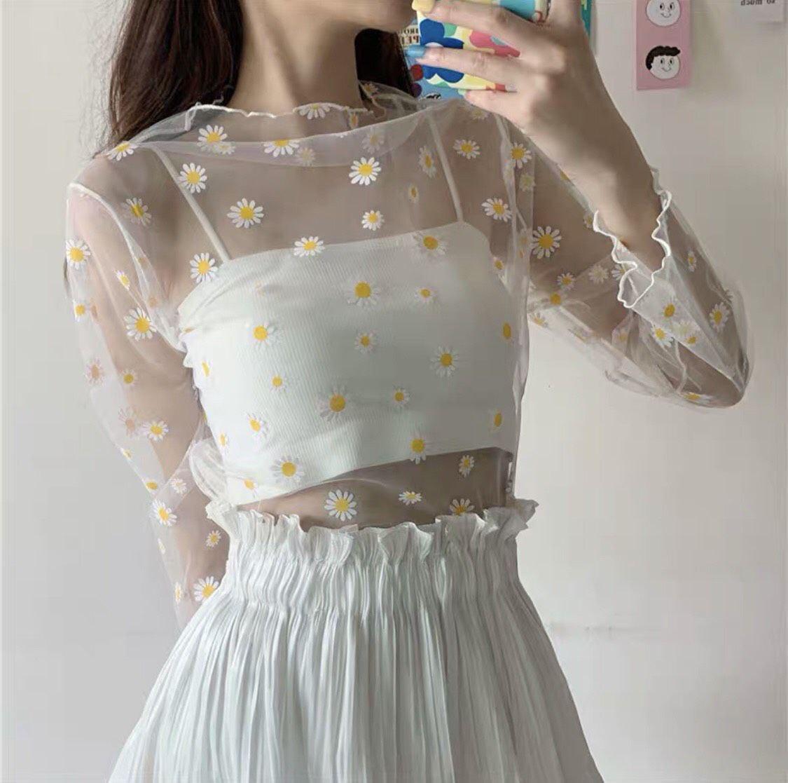 Áo Lưới Bông Cúc Cổ Lọ Voan Mỏng Sexy Hot Trend (Không Có Áo Trong) 1123A18B1