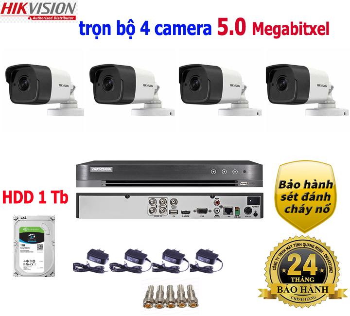 Trọn bộ 4 camera Hikvision  5.0 Megapixel gồm 1 đầu ghi hình 5Mp + 4 cam thân lắp trong nhà ngoài trời + ổ cứng 1Tb kèm phụ kiện đầy đủ