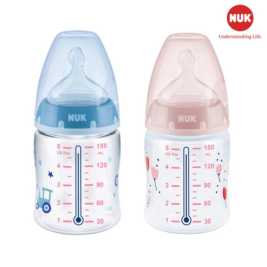 BÌNH SỮA CẢM BIẾN NHIỆT - BÁO NÓNG NUK PP núm ti S1-M (150ml, 300ml), S2-M (300ml) [Hàng Chính hãng]