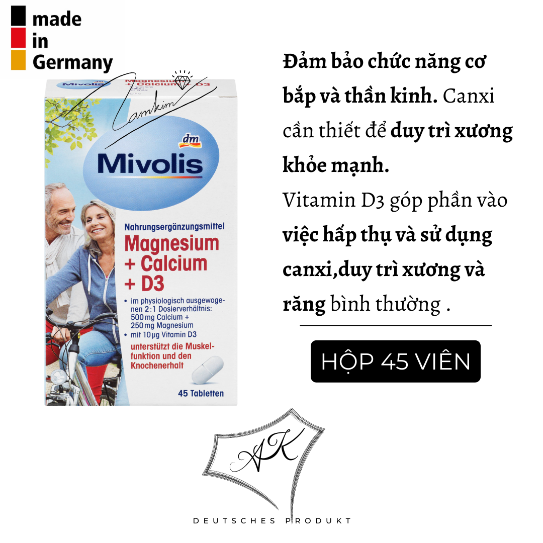 Vitamin tổng hợp magiê + canxi + D3 Mivolis dành cho người lớn - 45 viên