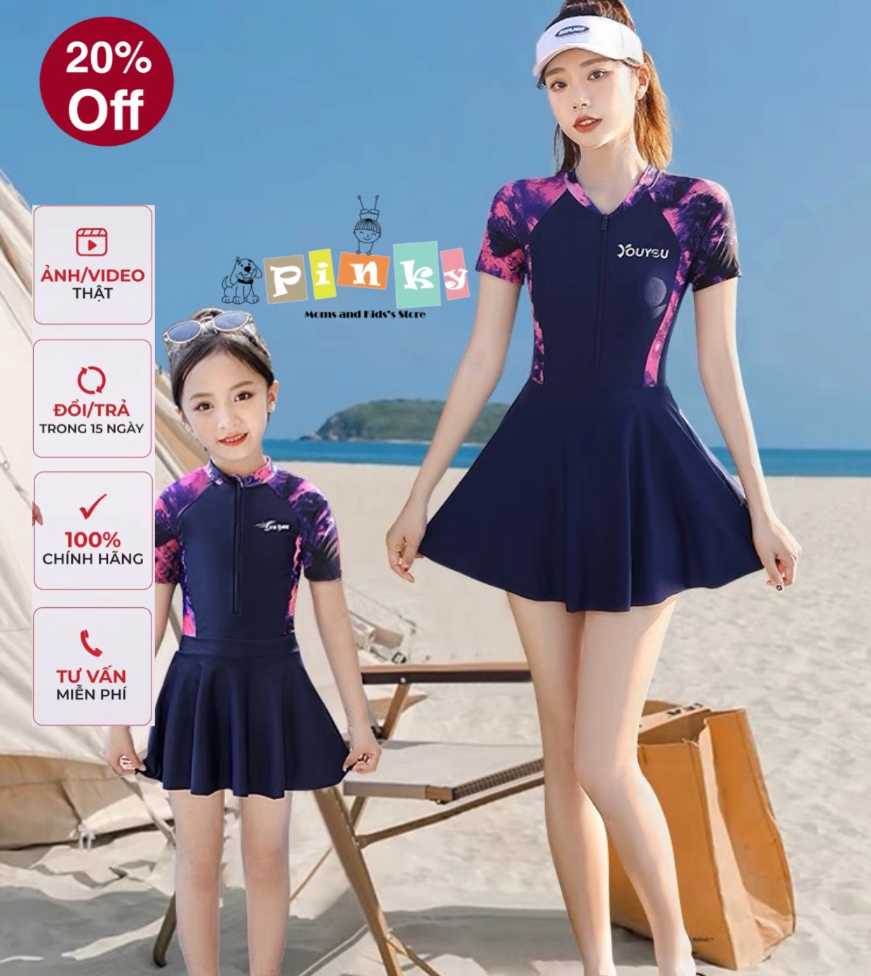 Đồ bơi mẹ và bé BIGSIZE đến 70kg liền thân áo tắm một mảnh dáng đầm mẹ và bé gái