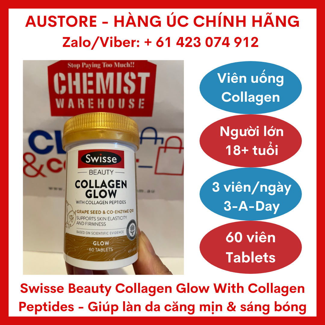 [Bill Úc] Swisse Beauty Collagen Glow With Collagen Peptides 60 Tablets - Viên uống bổ sung Collagen Swisse giúp da căng bóng được ưa chuộng #1 Úc
