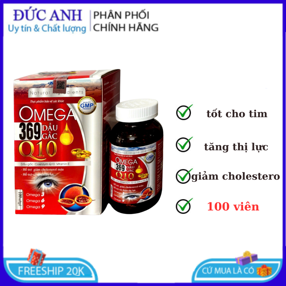 Viên Uống Omega 369 Dầu Gấc Q10 giúp giảm cholesterol máu, giảm nguy cơ xơ vữa động mạch, cải thiện thị lực hộp 100 viên