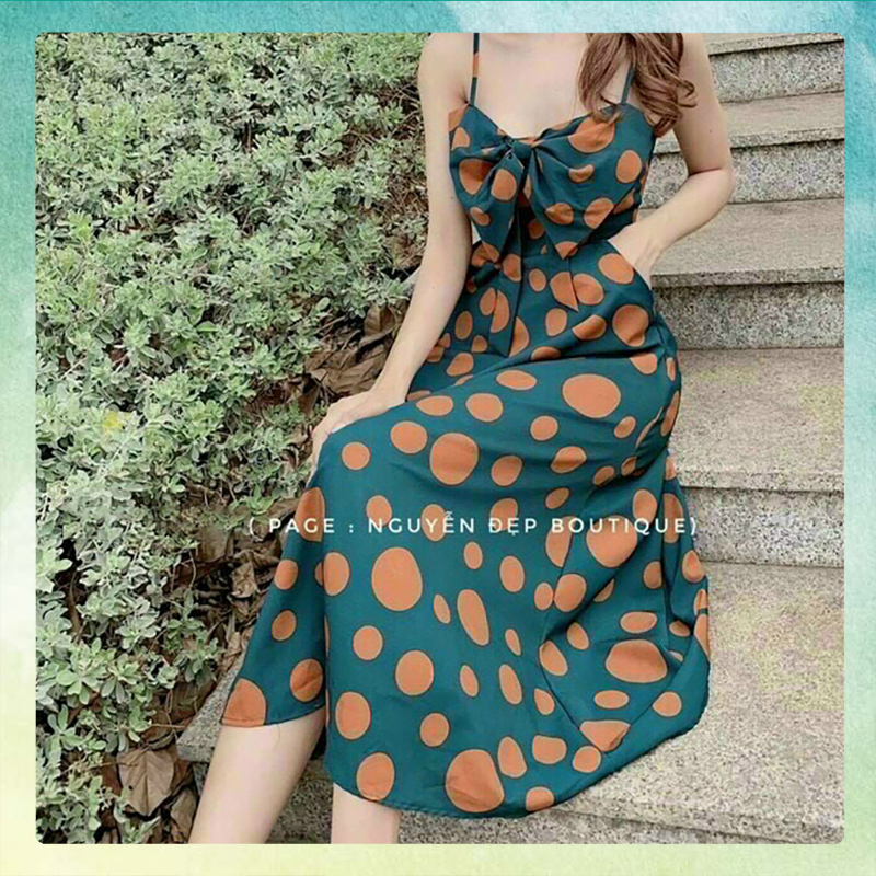 Đầm đẹp - đầm công sở - đầm xòe nơ ngực chấm bi - thời trang hoa anh đào