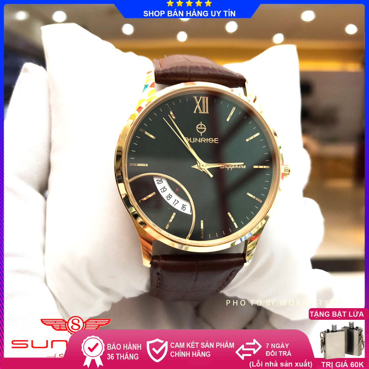Đồng Hồ Nam Sunrise DM783SWA B Full Hộp , Túi , Thẻ Bảo Hành Hãng , Kính Sapphire Chống Xước , Chống Nước, Dây Da Nâu