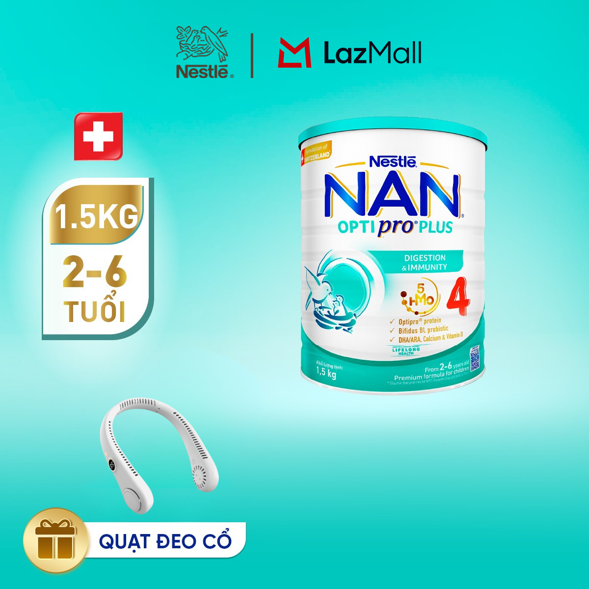 [Tặng Quạt đeo cổ] Sữa Bột Nestlé NAN OPTIPRO PLUS 4 1500g Cho Bé 2 - 6 Tuổi: Công Thức Độc Quyền Nhập Khẩu Từ Thụy Sỹ, Chứa Phức Hợp 5-HMO
