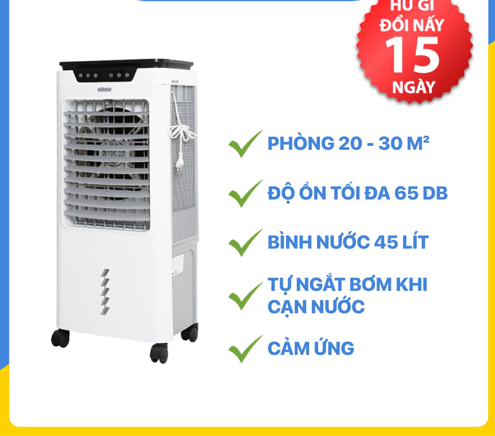 Quạt điều hòa hơi nước làm mát hommy rpd-80 chính hãng trưng bày-phạm vi làm mát phòng 20 - 30m² công suất 130w -bình nước 45 lít
