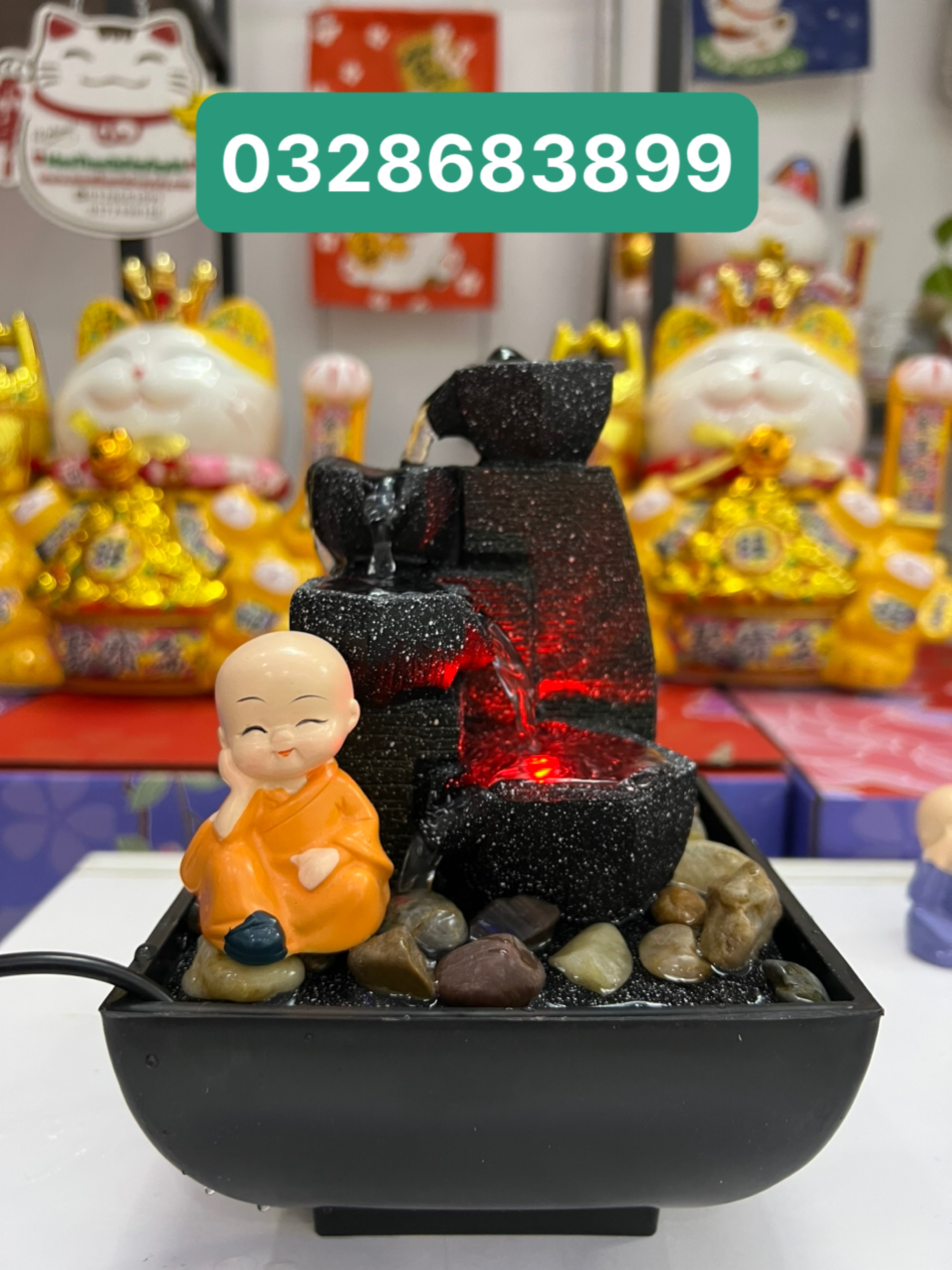 Thác nước phong thủy thư giãn để bàn, đài phun nước mini kèm bơm, đèn, sỏi, chú tiểu