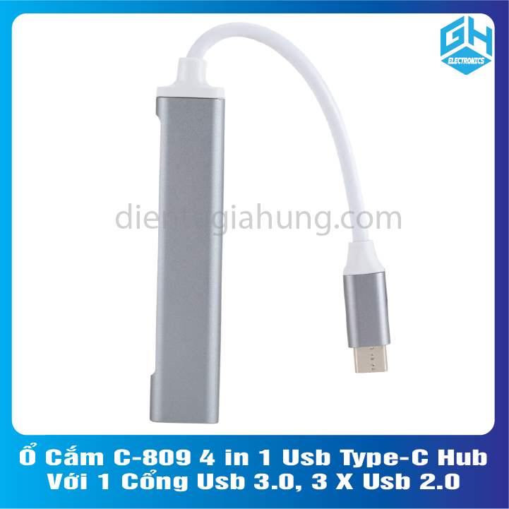 Ổ cắm c-809 4 in 1 usb type-c hub với 1 cổng usb 3.0, 3 x usb 2.0