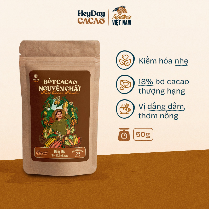 Bột cacao nguyên chất Việt Nam không đường Heyday - Origin 18% bơ cacao tự nhiên - Túi 50g - Hỗ trợ giảm cân - Keto - Vị socola nguyên bản - Không hương liệu, phụ gia