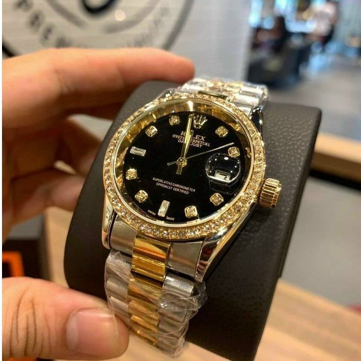 [Fullbox - Bảo hành 12 tháng] Đồng hồ nam RoLex-38mm đính viền đá dây kim loại đúc đặc cao cấp bảo hành 12m rolex-shop