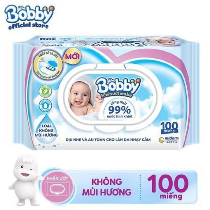 HỘP 100 TỜ KHĂN GIẤY ƯỚT BOBBY NANO không mùi 100 TỜ
