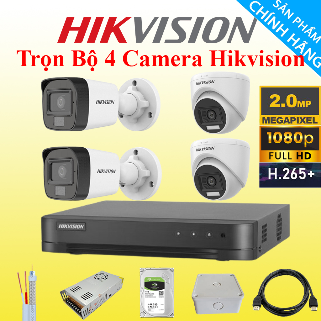 Trọn bộ camera 1/2/3/4 mắt hikvision chính hãng 2mp full hd 1080p, chống nước, , ổ cứng tùy chọn