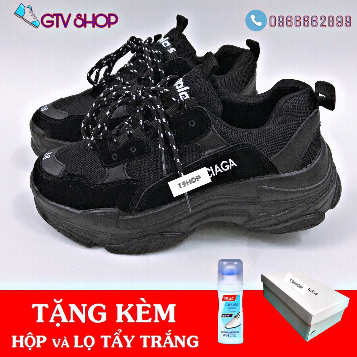 Tặng hộp và Lọ vệ sinh giày - Giày thể thao nam nữ 3len triple s Đen full.