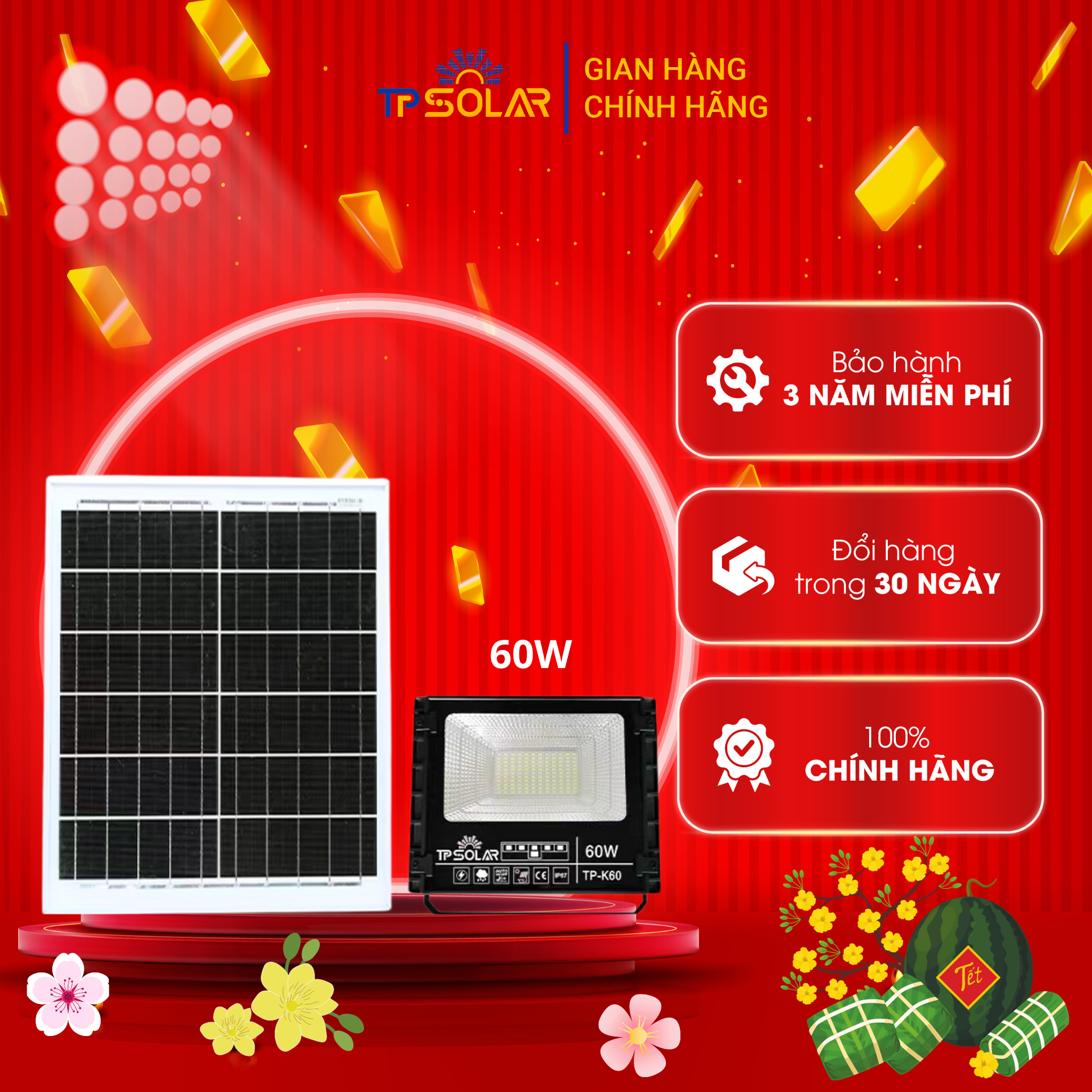 Đèn pha năng lượng mặt trời tpsolar 60w tp-k60 chống nước ip67, tiết kiệm điện năng