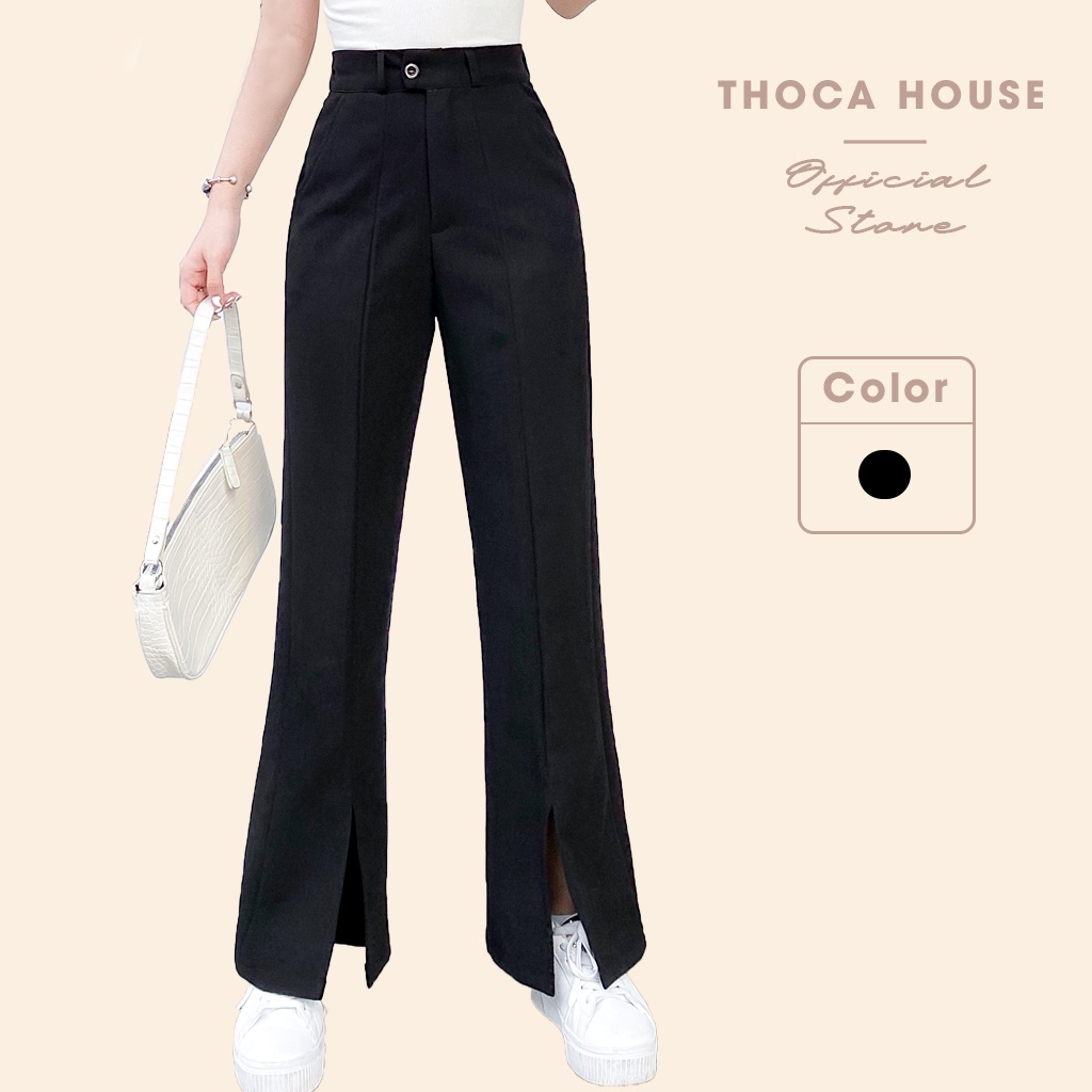 Quần tây đen ống rộng xẻ lai trơn cạp cao THOCA HOUSE thời thượng tôn dáng và chân dài cho nữ
