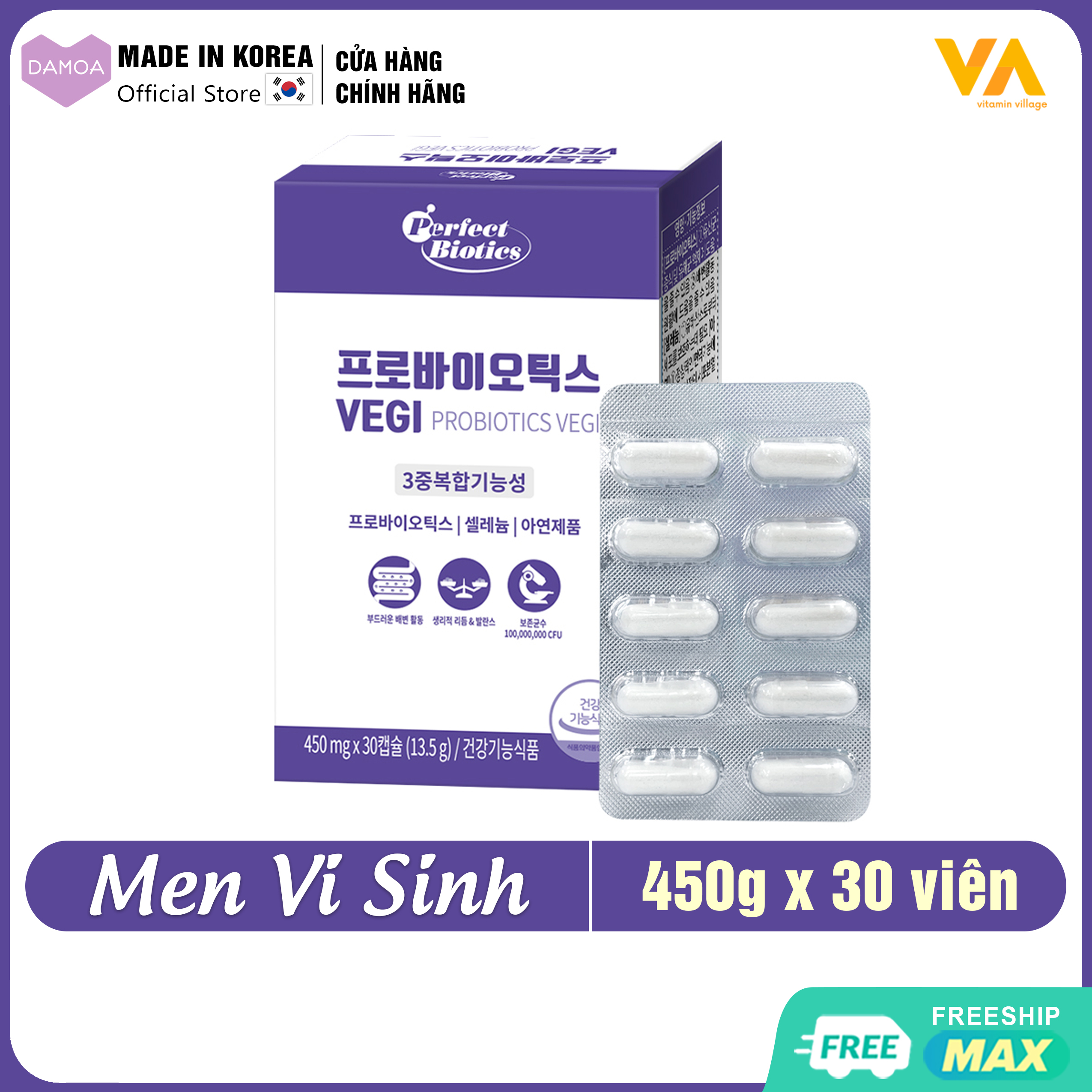 Viên uống Men Vi Sinh Lợi khuẩn, Cải thiện Tiêu hóa và Đường ruột Probiotics VEGI Perfect Biotics - Thực phẩm Chức năng Hàn Quốc