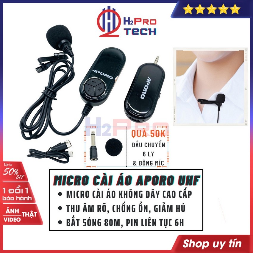 Micro cài áo aporo uhf, micro trợ giảng không dây cao cấp, dùng cho các máy trợ giảng, loa kéo, amply-h2pro tech