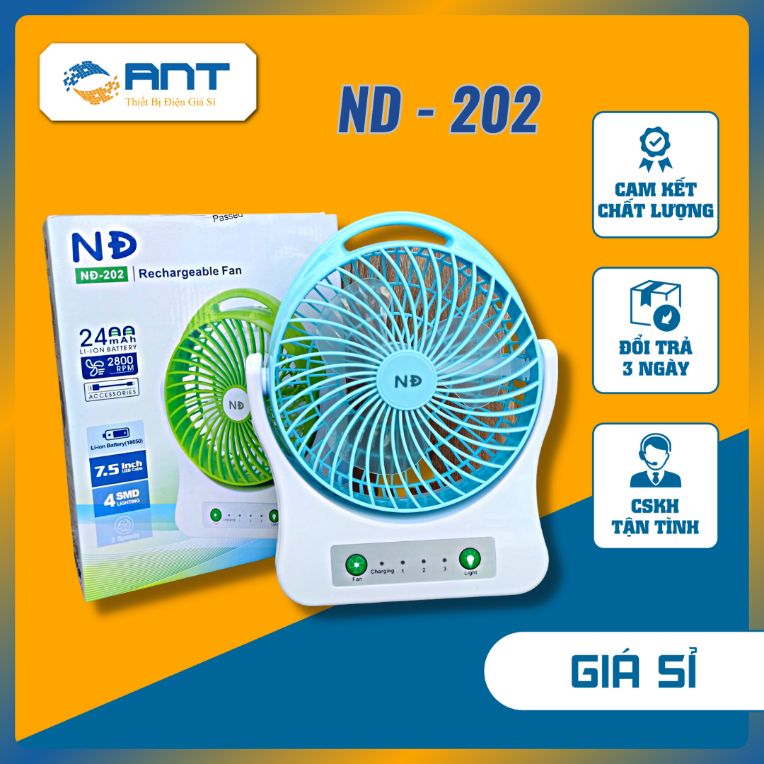 Quạt sạc tích điện để bàn nd-202 - 3 tốc độ gió, pin 4800mah, tích hợp đèn led.