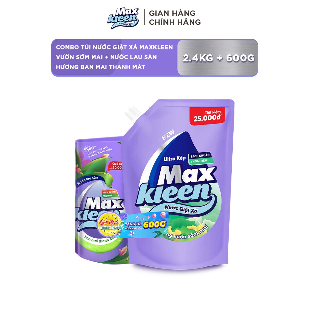 Combo túi nước giặt xả maxkleen 2.4kg/ 2.2kg + nước lau sàn 600g