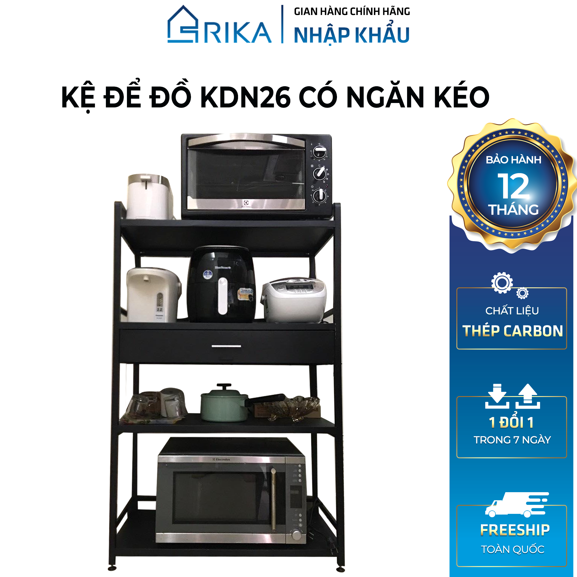 Kệ tủ nhà bếp để đồ đa năng thông minh có ngăn kéo 3 4 5 tầng rika kdn-26, kệ để lò vi sóng lò nướng nồi cơm điện