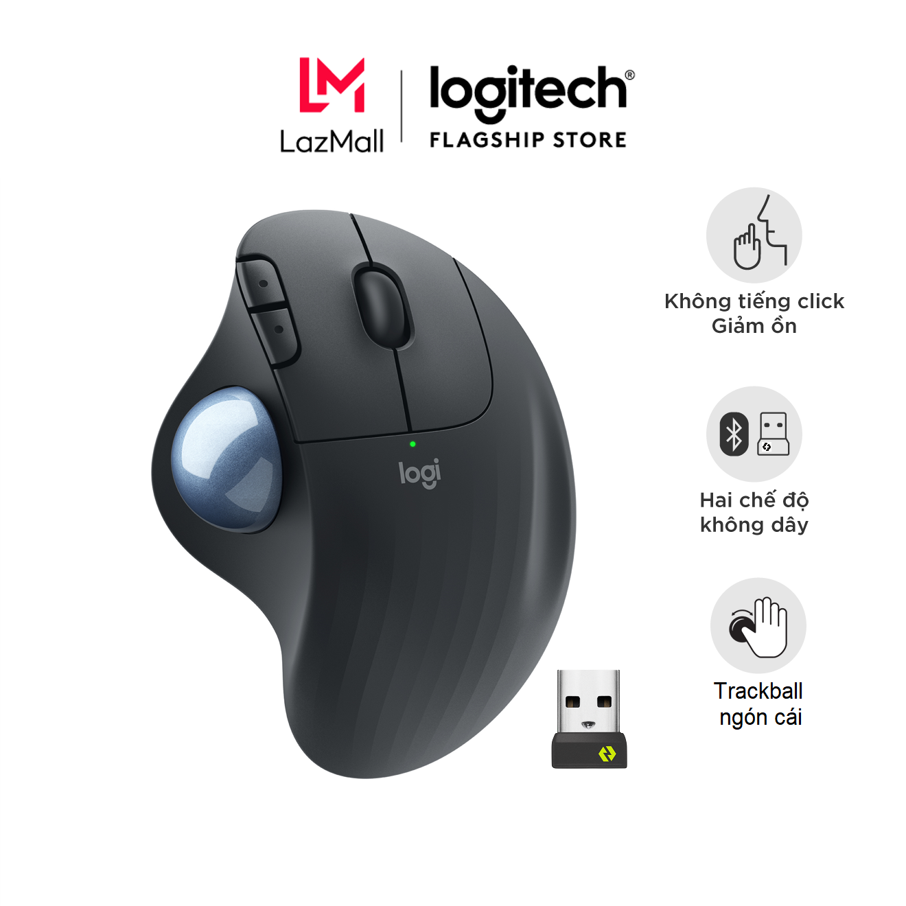 Chuột không dây Công Thái Học Logitech Ergo M575 Silent - Bluetooth, USB Bolt, Giảm ồn, Trackball ngón cái