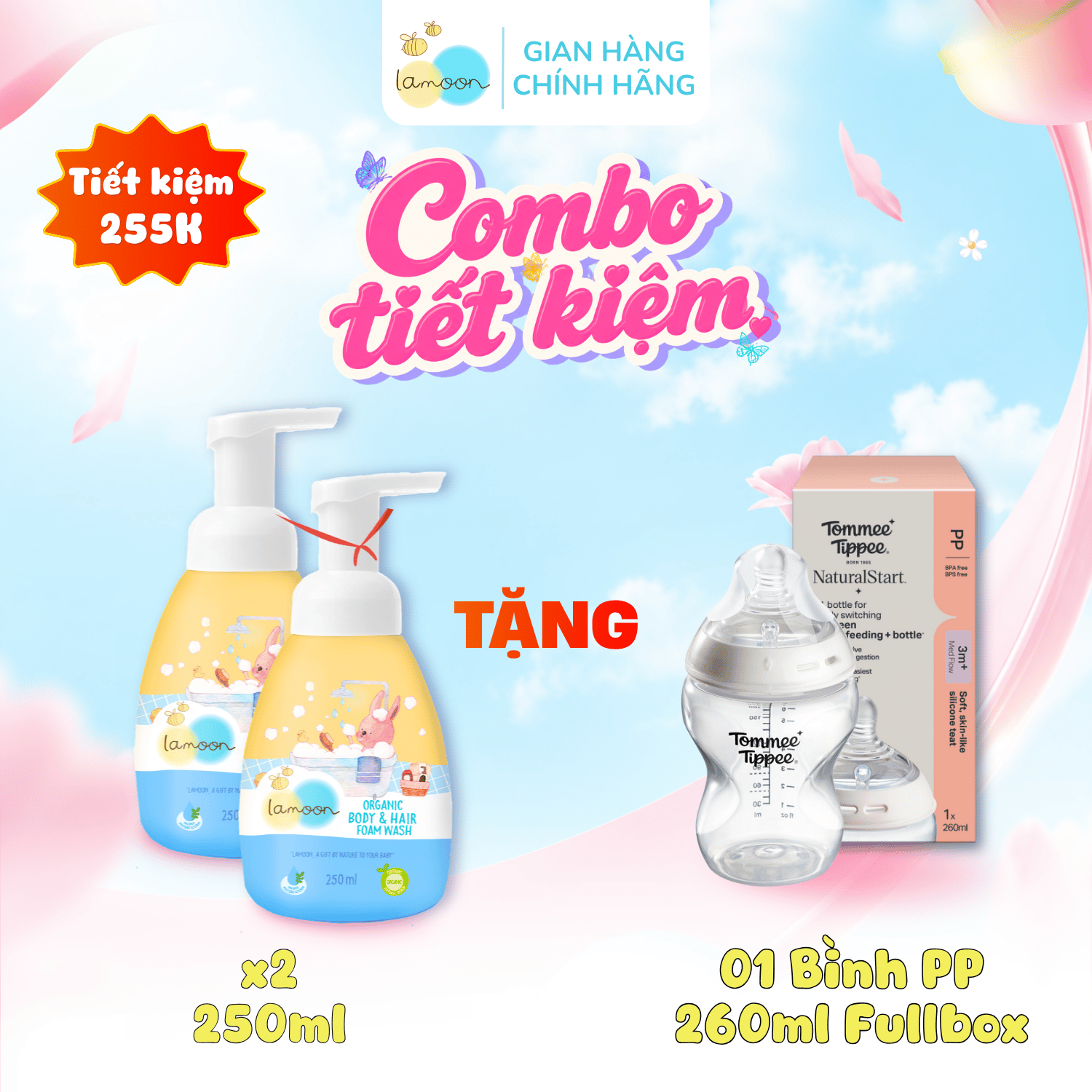 COMBO 2 Bình Sữa tắm gội Organic dạng bọt Lamoon 250ml TẶNG 1 Bình Sữa Tommee Tippee PP Ty Siêu Mềm Tự Nhiên 260ml