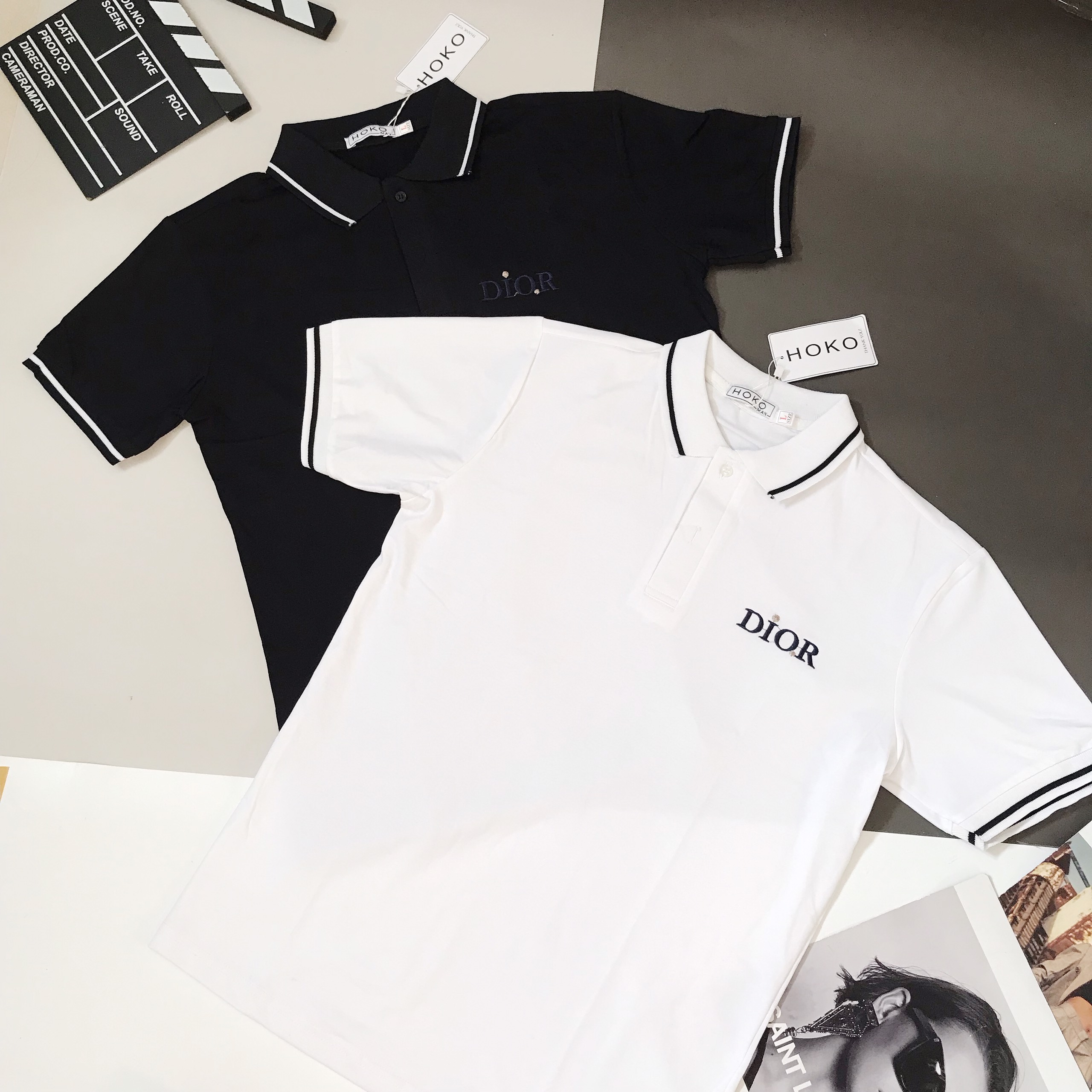 Áo thun cổ trụ nam nữ thêu họa tiết chữ dior