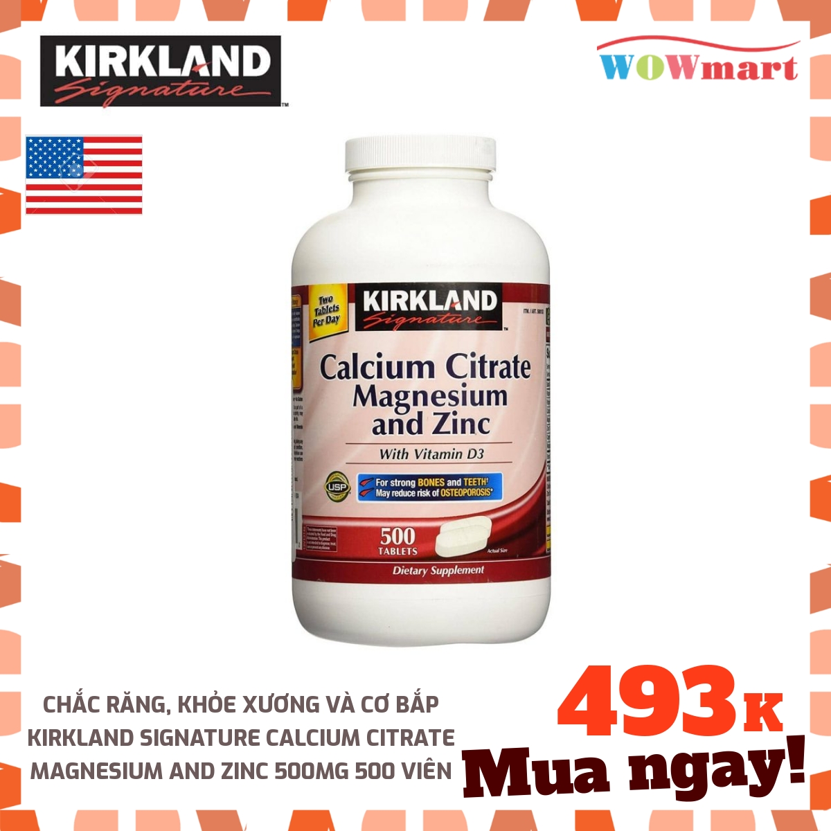 Chắc răng, khỏe xương và cơ bắp Kirkland Signature Calcium Citrate Magnesium and Zinc 500mg 500 viên - [MỸ]