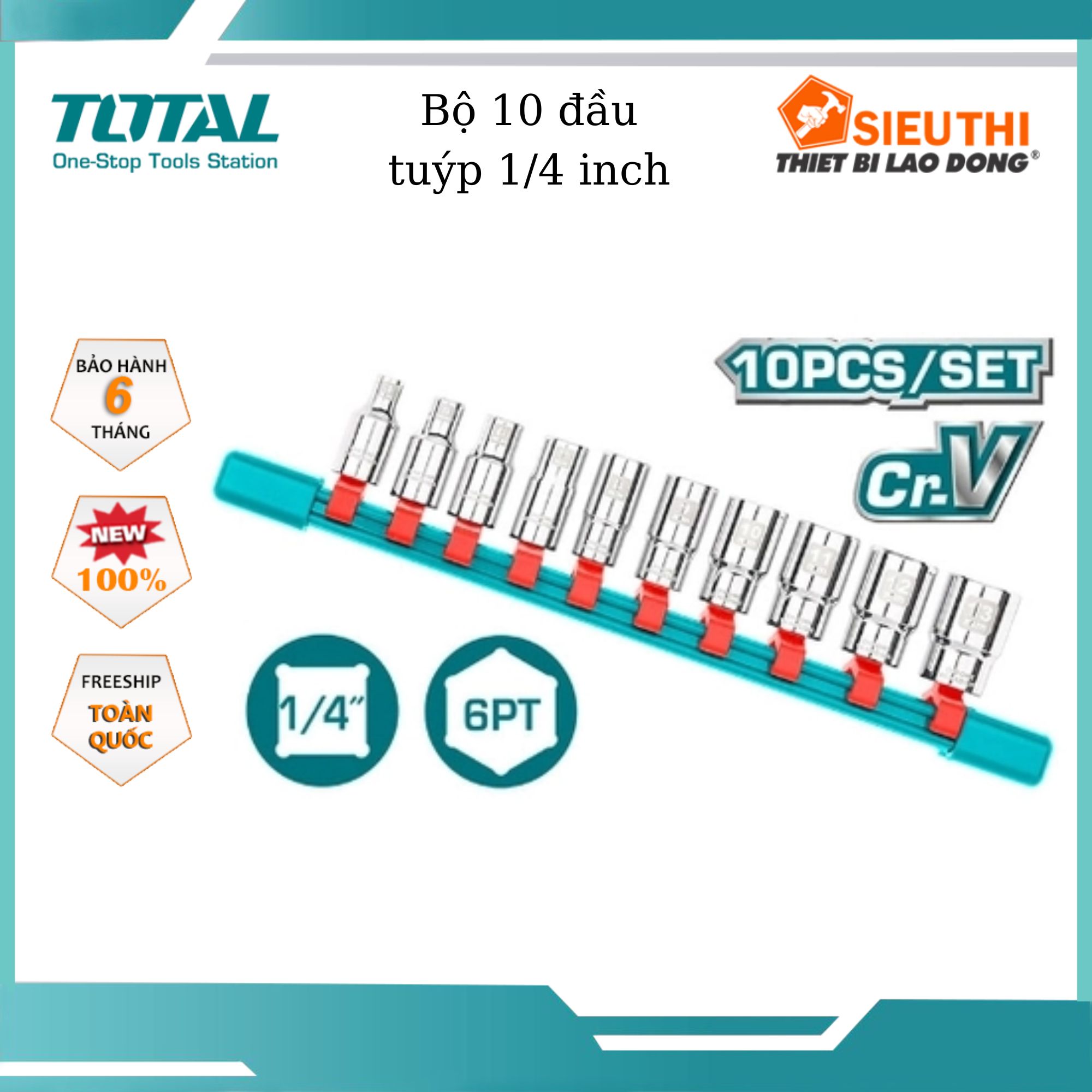 Bộ 10 đầu tuýp 1/4 inch total tht1411023, kích thước 5-6-7-8-9-10-11-12-13-14mm đầu tuýp chất liệu 50bv30, thép crv