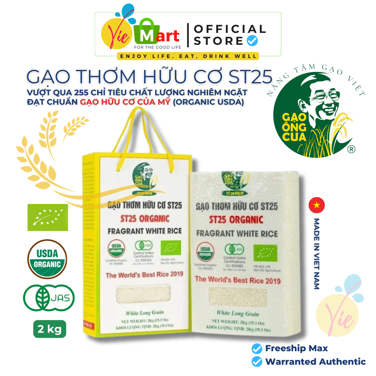 GẠO ST25 Organic_Gạo Ông Cua_chuẩn USDA Mỹ (hộp 2kg)_Hàng Chính Hãng DNTN Hồ Quang Cua