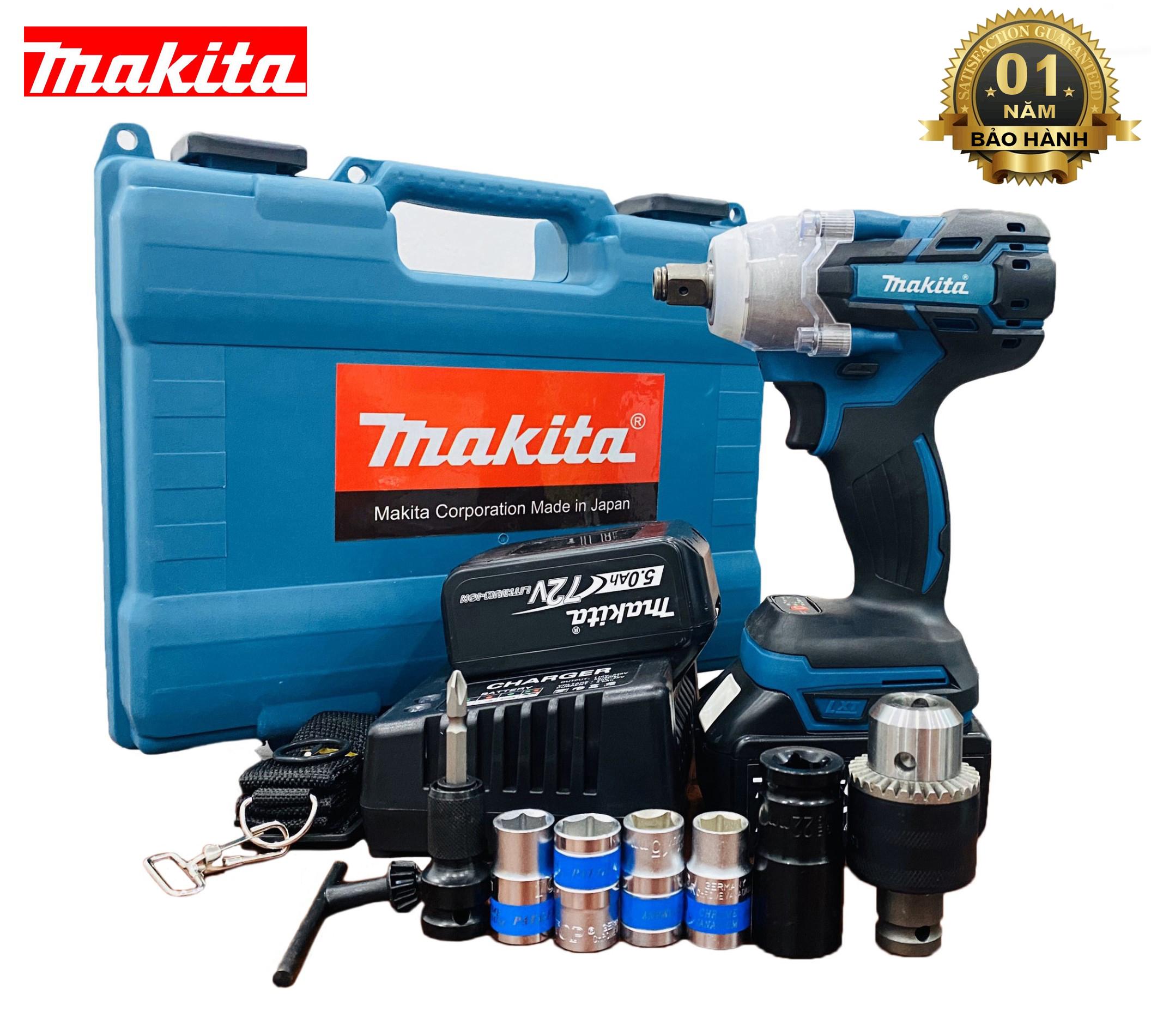 Máy siết bulong Makita không chổi than 72V có đồ - Bộ sản phẩm đầy đủ:máy,pin,sạc, đầu siết 22, đầu chuyển vít,dây đeo,hộp nhựa, 4 đầu khẩu,1đầu chuyển vít,1 đàu chuyển khoan