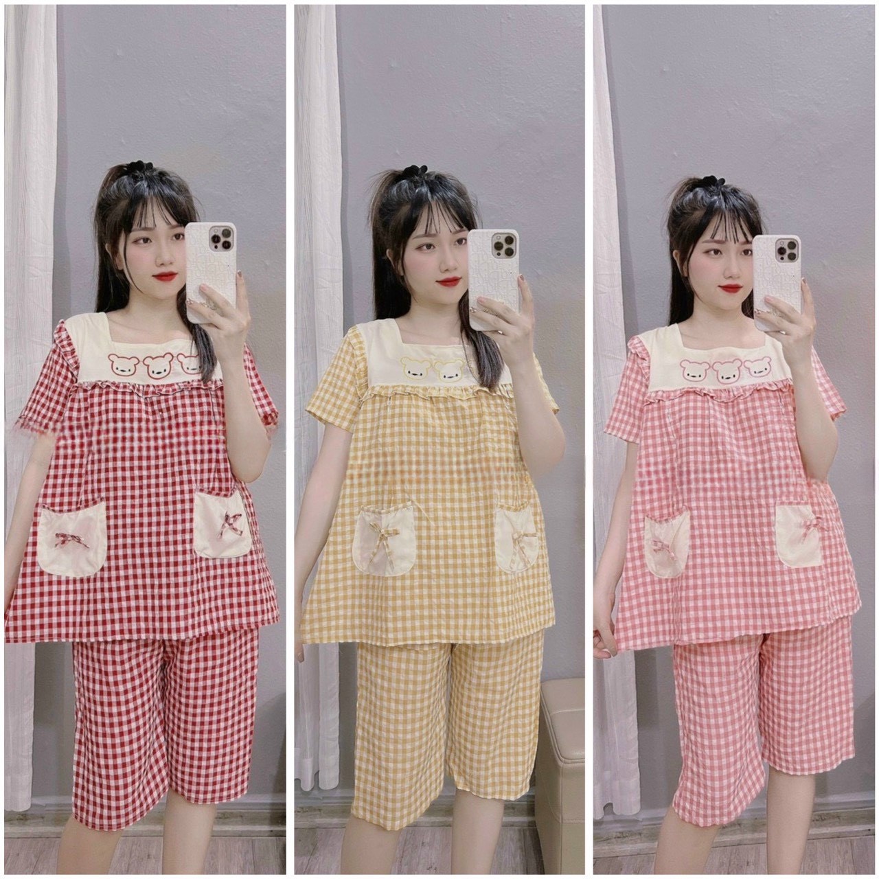 Bộ bầu kẻ caro cộc tay quần ngố cổ vuông mặt gấu b138