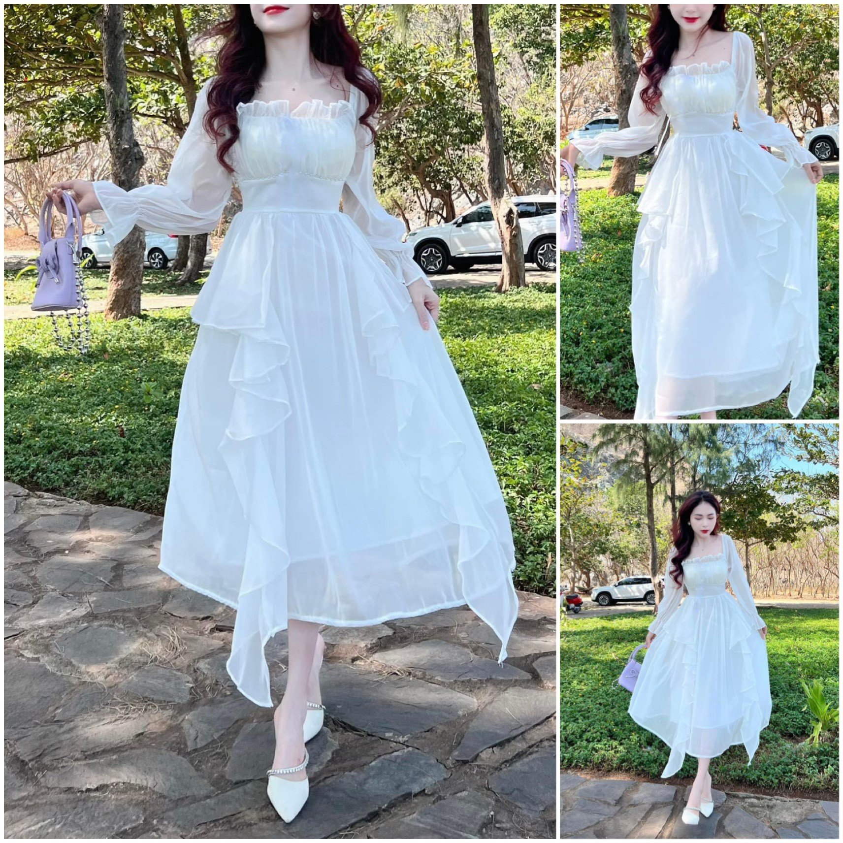 Đầm xòe nữ cổ vuông phối bèo tùng váy có hoa cổ B10