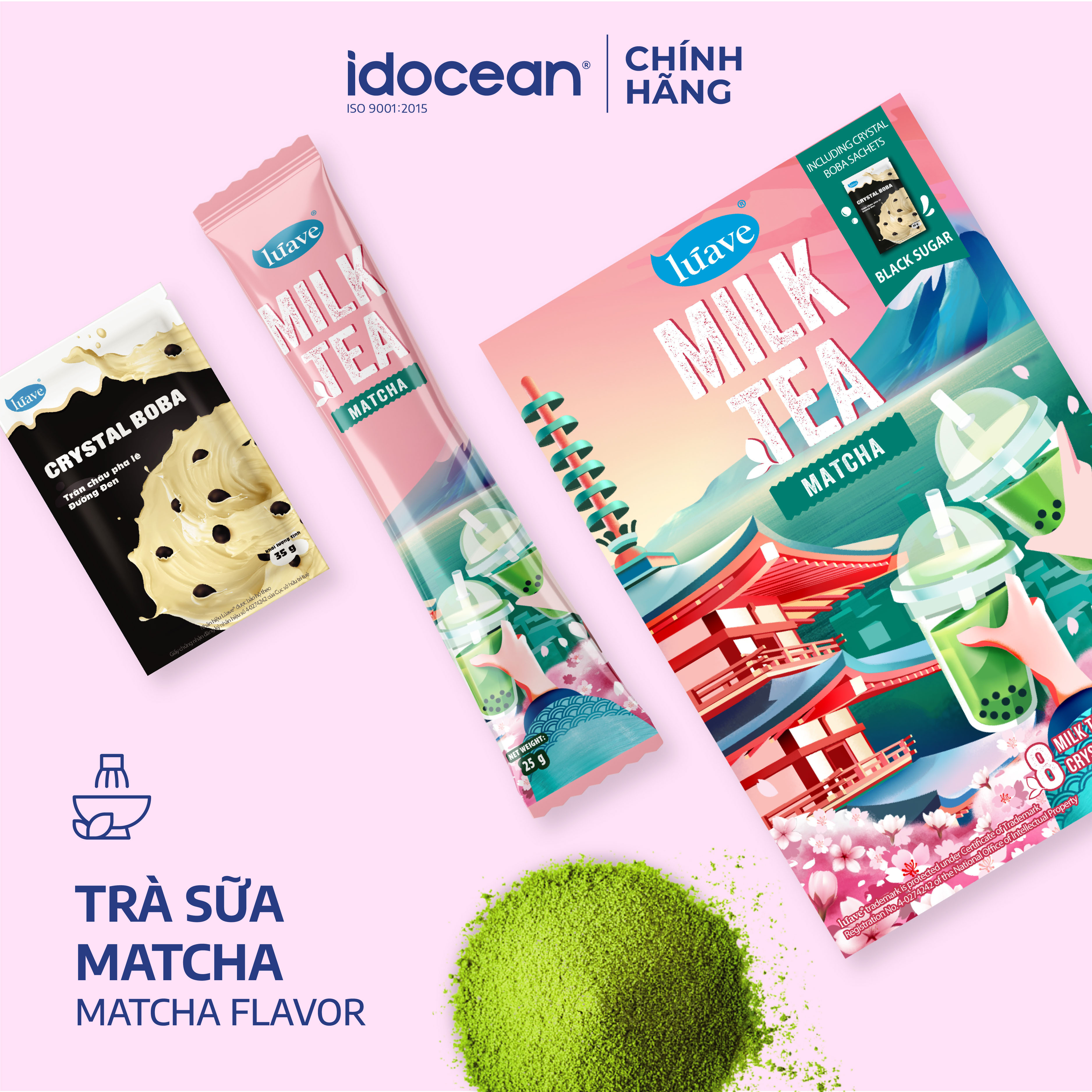 Hộp pha 8 ly trà sữa trân châu Lúave Vị Matcha (8 gói trà sữa và 8 túi trân châu)