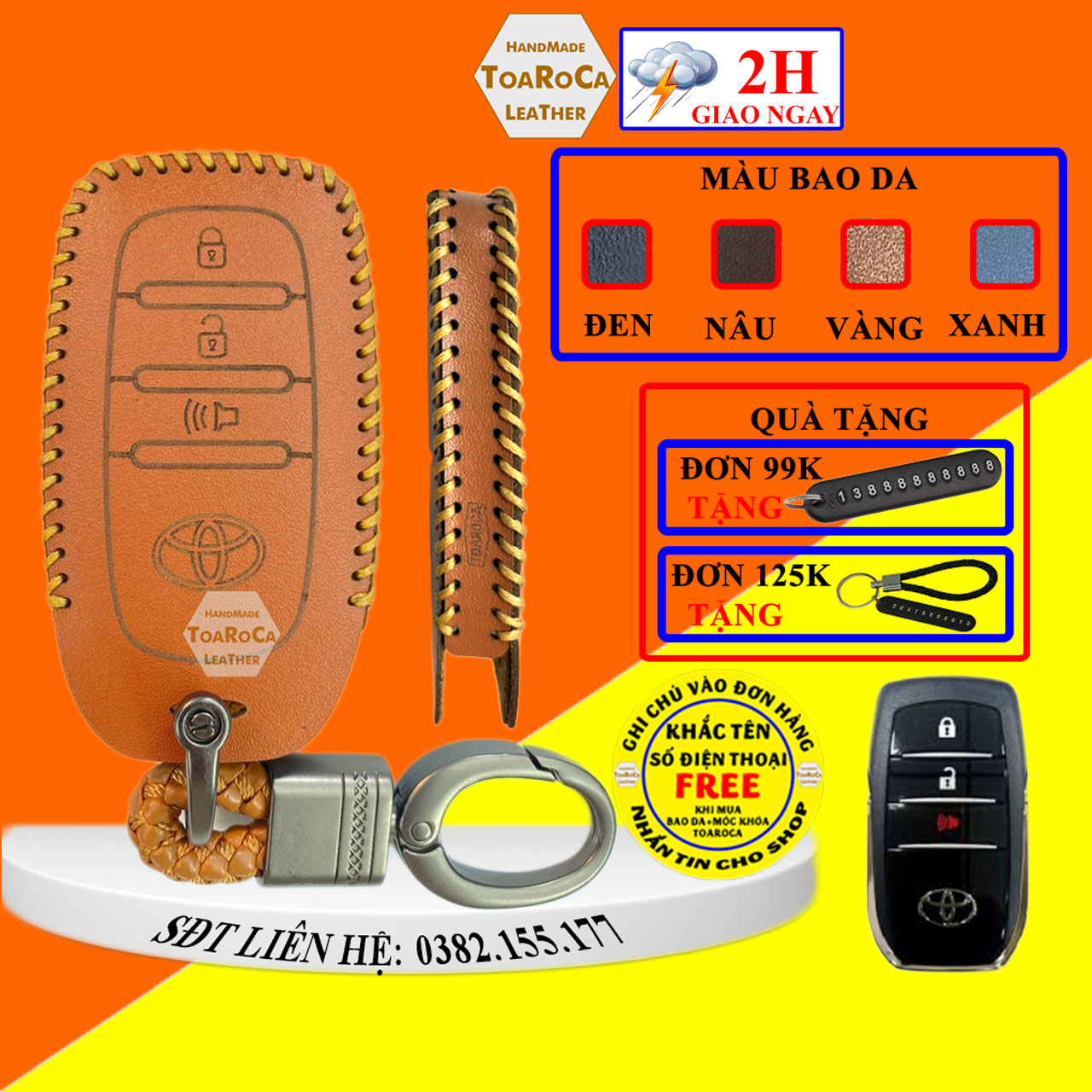 Bao da chìa khóa ô tô Smartkey Toyota Fortuner 2017-2018,Camry,Land Cruiser loại 3 nút âm lượng handmade Toaroca