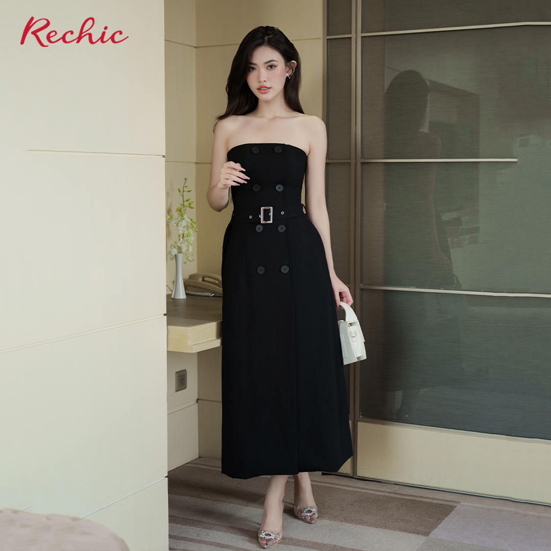 RECHIC Đầm cúp ngực Gami phối nút thắt eo sang trọng