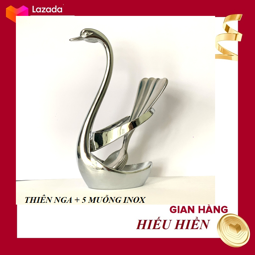 1 Con Thiên Nga Và  5 Cái Muỗng Cà Phê Inox - Gía Kê Muỗng Nĩa - Phong Cách Phương Tây - Thìa Muỗng Inox Sang Trọng.