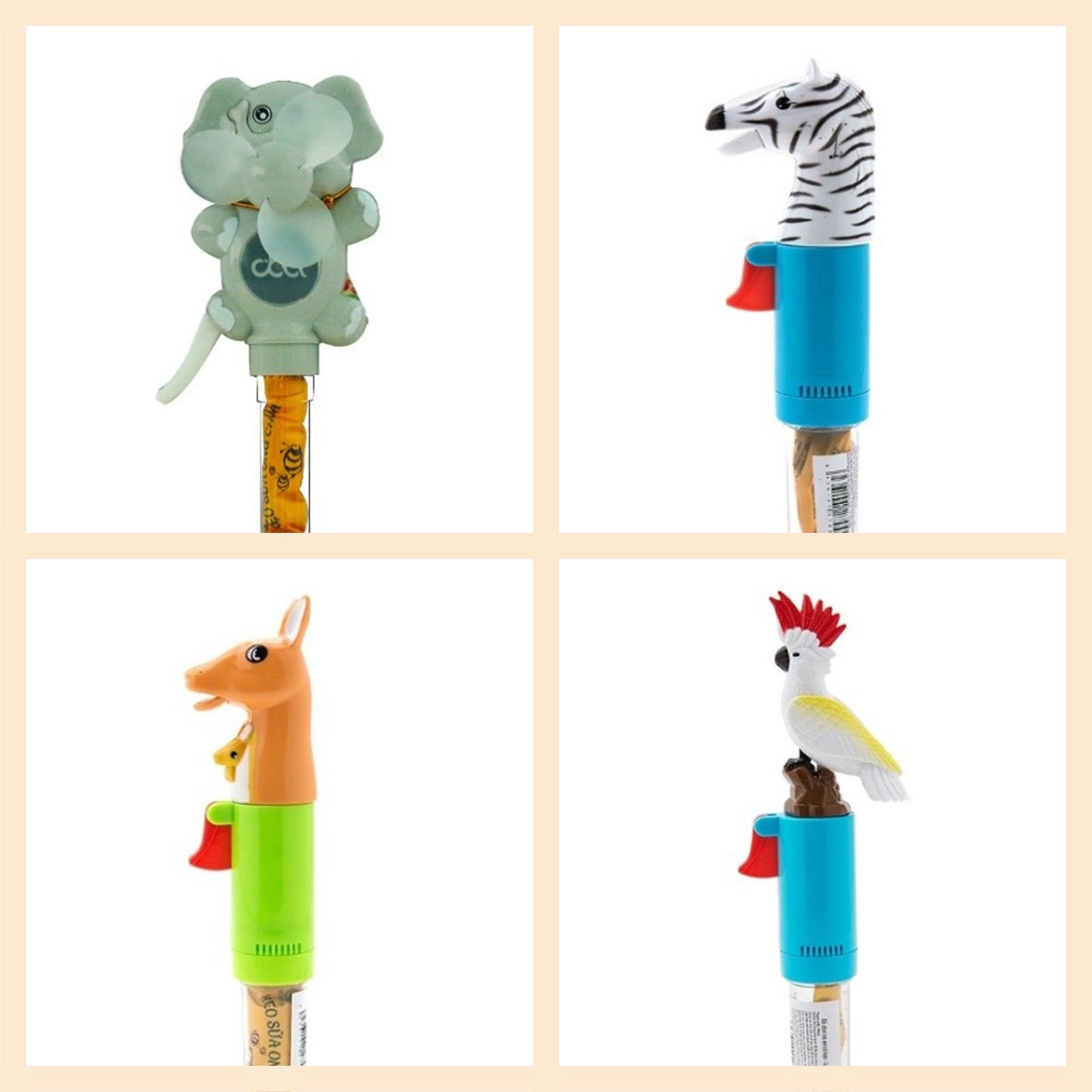 Combo 4 kẹo đồ chơi - đồ chơi trẻ em có kẹo cho bé từ 3 tuổi combo ngựa, vẹt, voi, kangaroo