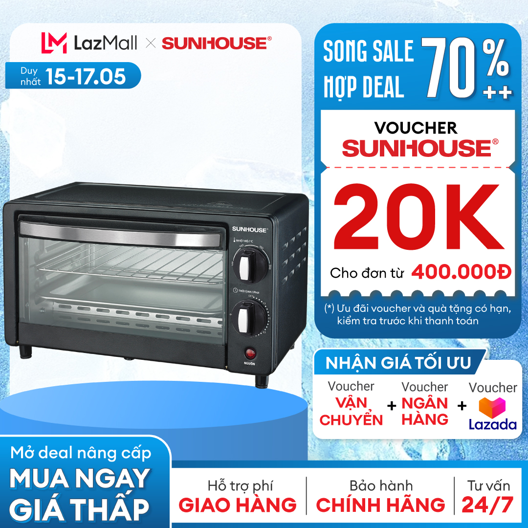 Lò nướng đa năng Mini SUNHOUSE SHD4206 - Tiết kiệm điện năng, truyển nhiệt nhanh, nướng chín đều - Dung tích 10L - Công suất 800W - Bảo hành 12 tháng - Hàng Chính Hãng