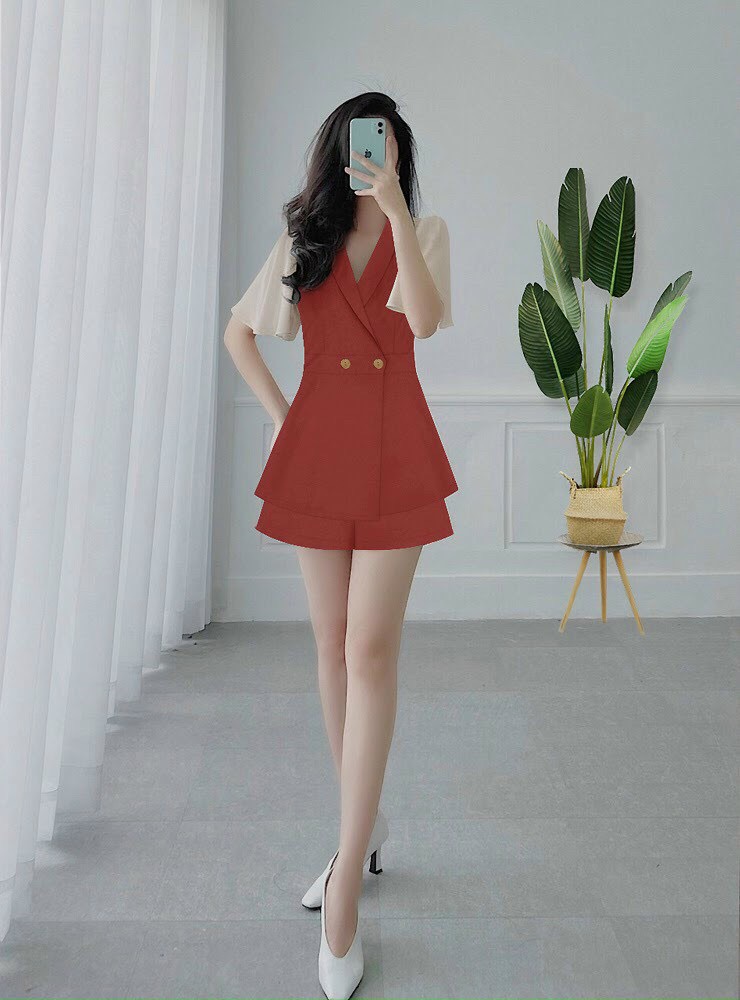 Sét bộ áo cổ vest tay phối lưới cá tính