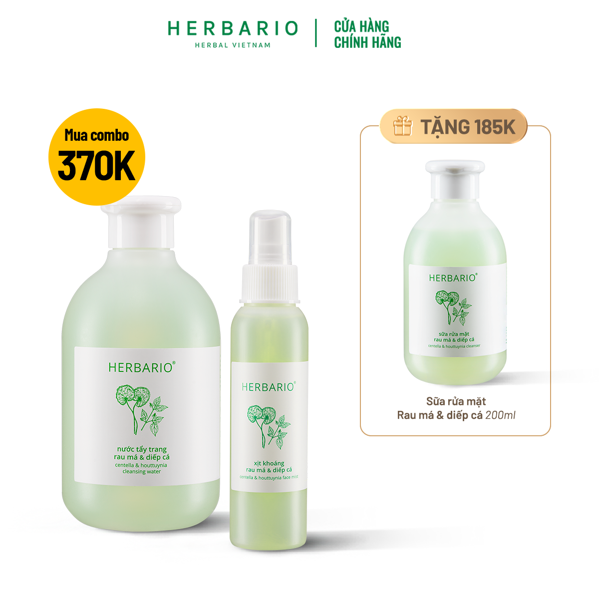 Bộ 3 Rau má và diếp cá Herbario chăm sóc da mụn: Nước tẩy trang 300ml + Sữa rửa măt 200ml + Xịt khoáng 100ml